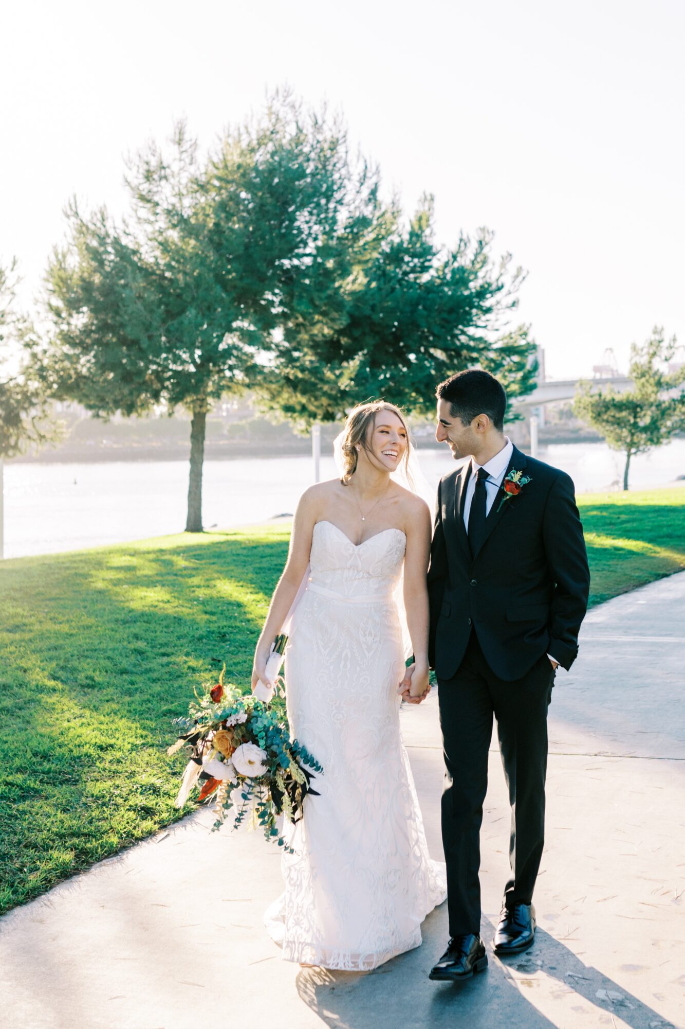 Wedding Day Couple Portraits at the ShoreLine Aquatic Park in Long Beach