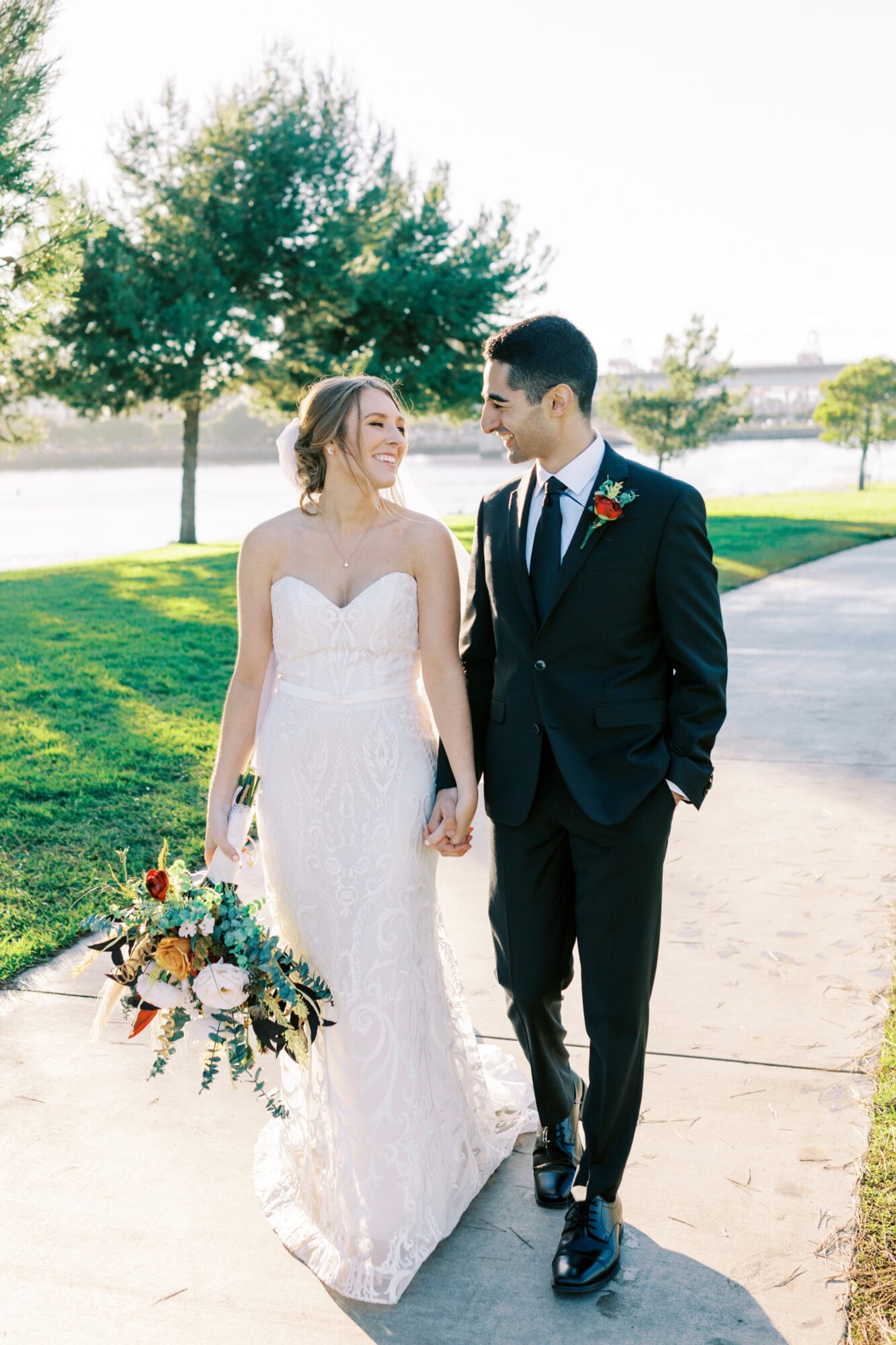 Wedding Day Couple Portraits at the ShoreLine Aquatic Park in Long Beach