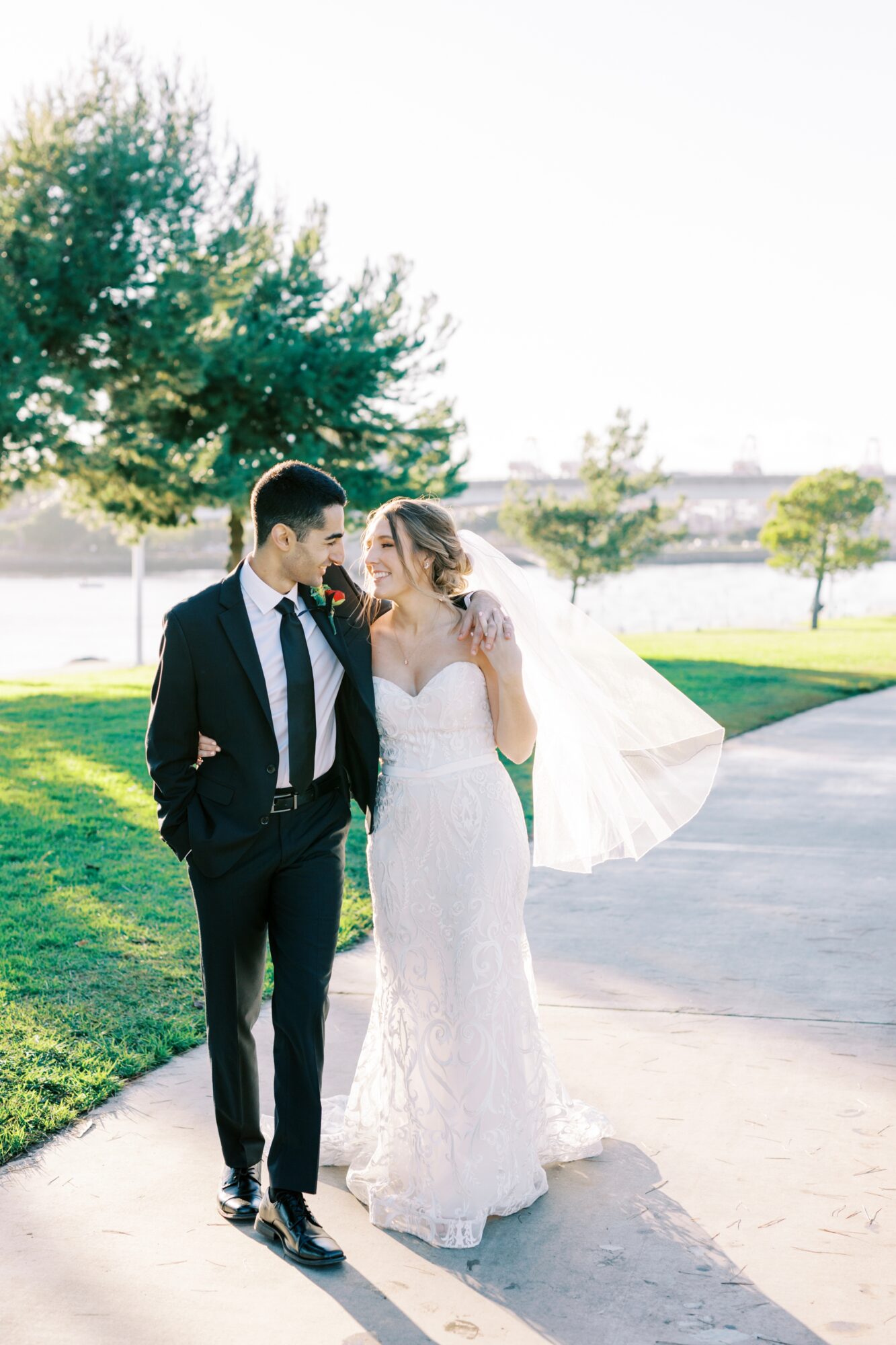 Wedding Day Couple Portraits at the ShoreLine Aquatic Park in Long Beach