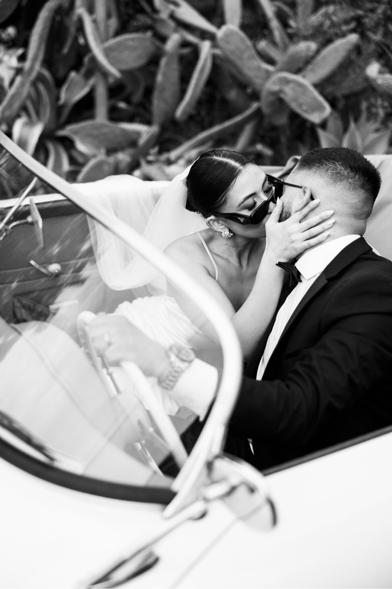 wedding photos at san juan capistrano mission with classic vintage car