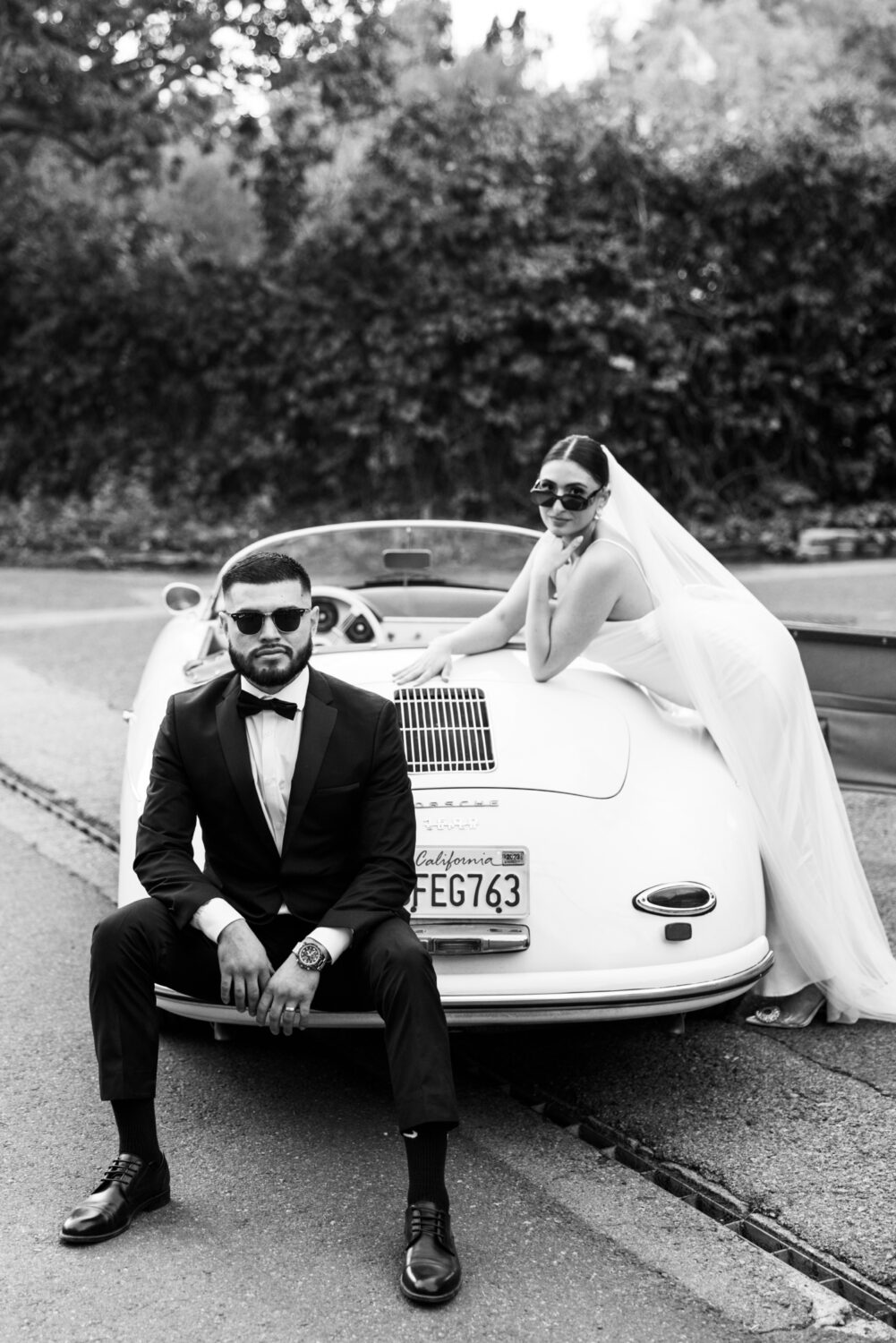 wedding photos at san juan capistrano mission with classic vintage car