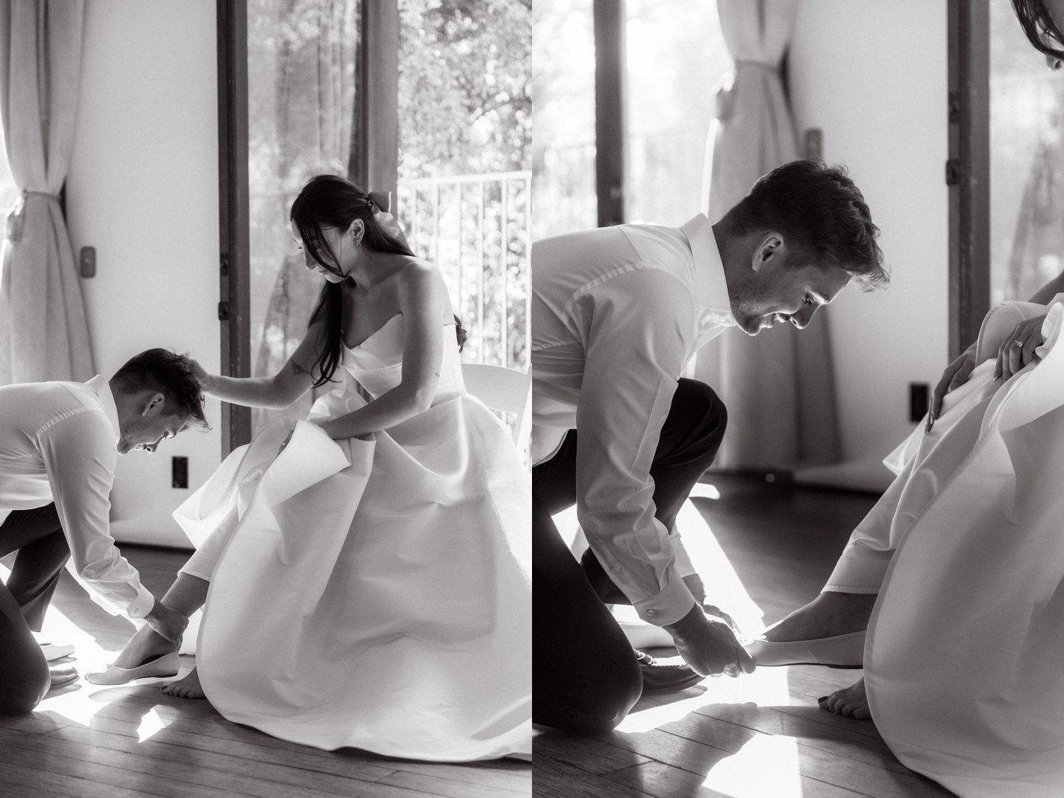 groom helping bride put on her shoes at the 1909